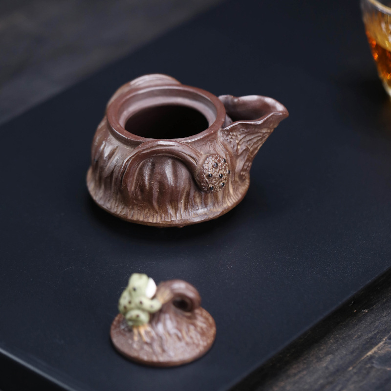 Ceainic Yixing din lut Purple Sand, ceain Gongdao pentru distribuția uniformă a ceaiului, sculptură broasca-lotus, accesoriu pentru ceremonia ceaiului, lucrat manual