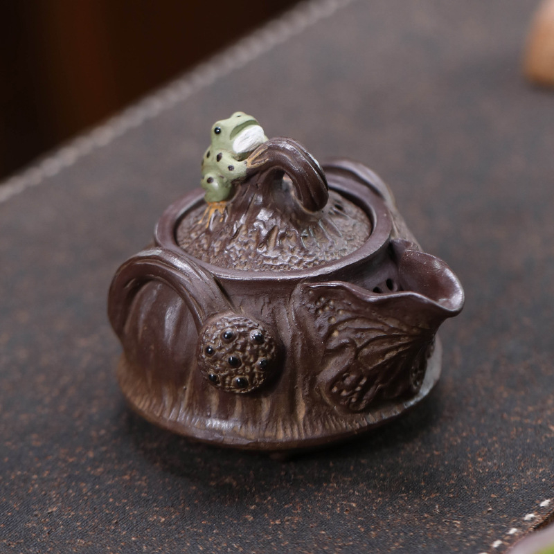 Ceainic Yixing din lut Purple Sand, ceain Gongdao pentru distribuția uniformă a ceaiului, sculptură broasca-lotus, accesoriu pentru ceremonia ceaiului, lucrat manual