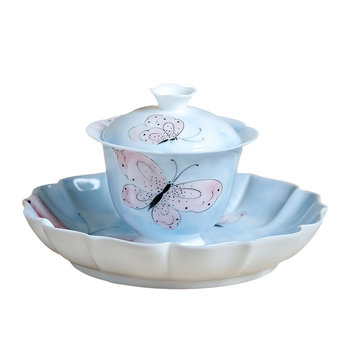 Suport pentru ceainic cu fluture sub glazură, farfurie de fructe cu bordură florală, design pictat manual cu fluture și flori, accesorii pentru set Gongfu de ceai, farfurie pentru gustări