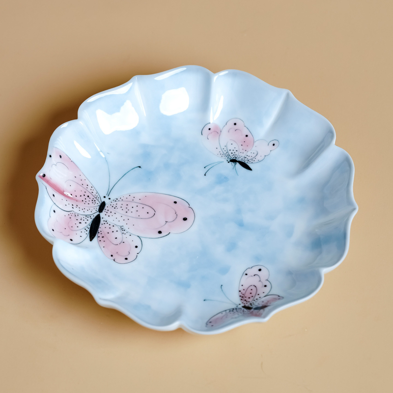 Suport pentru ceainic cu fluture sub glazură, farfurie de fructe cu bordură florală, design pictat manual cu fluture și flori, accesorii pentru set Gongfu de ceai, farfurie pentru gustări