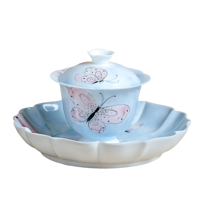 Suport pentru ceainic cu fluture sub glazură, farfurie de fructe cu bordură florală, design pictat manual cu fluture și flori, accesorii pentru set Gongfu de ceai, farfurie pentru gustări