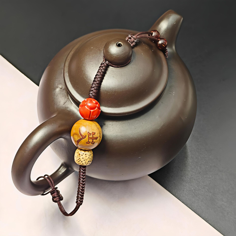 Ceainică Gongfu din lemn de piersic cu capac din lut purpuriu, ceșcuță de ceai și șnur pentru legare — accesorii pentru ceai