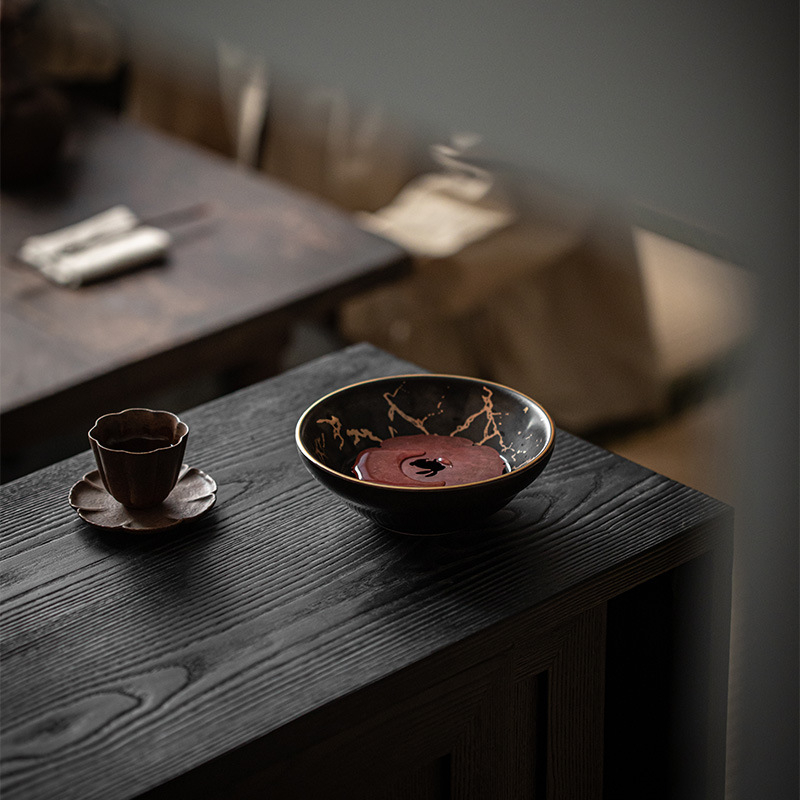Accesorii Moji pentru ceremonia ceaiului – Suport ceramic pentru ceainic, finisaj antic placat cu aur, componente din cupru pentru baza ceainic, decor pentru masă de ceai