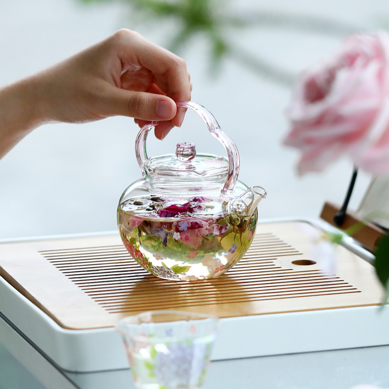 Ceainic cu mâner de ridicare și aromă de osmanthus, set de ceai din sticlă borosilikat rezistentă la temperaturi înalte, pentru ceai verde