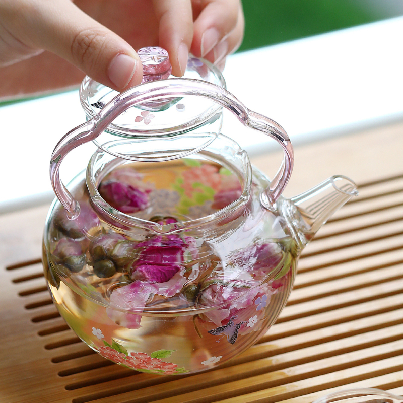 Ceainic cu mâner de ridicare și aromă de osmanthus, set de ceai din sticlă borosilikat rezistentă la temperaturi înalte, pentru ceai verde