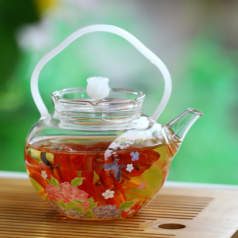 Ceainic cu mâner de ridicare și aromă de osmanthus, set de ceai din sticlă borosilikat rezistentă la temperaturi înalte, pentru ceai verde