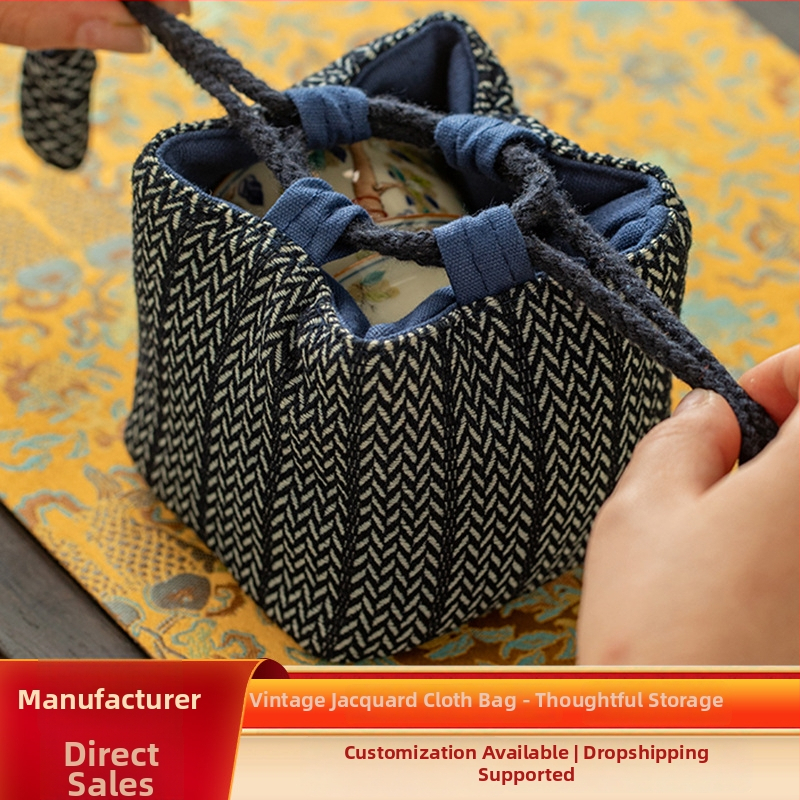 Sac de depozitare pentru set de ceai din bumbac-lin, stil vechi pictural, husă pentru setul de ceai, portabil pentru o oală și două cești
