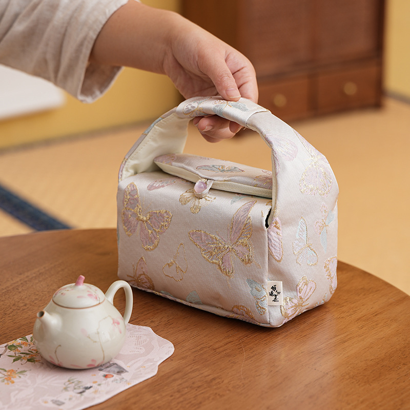 Set de ceai Jacquard pentru călătorii, cu un ceainic și două cești, husă de transport, accesorii pentru ceremonia ceaiului.