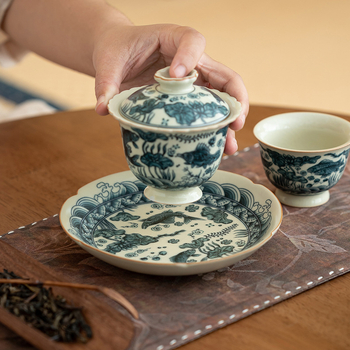Vas Bej Ru ceramic cu model pește-alge, suport pentru ceainic, farfurie de ceai și platou pentru desert, set ceai Kung Fu în stil retro pentru uz casnic