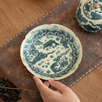 Vas Bej Ru ceramic cu model pește-alge, suport pentru ceainic, farfurie de ceai și platou pentru desert, set ceai Kung Fu în stil retro pentru uz casnic