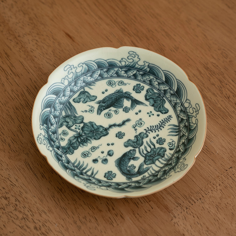 Vas Bej Ru ceramic cu model pește-alge, suport pentru ceainic, farfurie de ceai și platou pentru desert, set ceai Kung Fu în stil retro pentru uz casnic