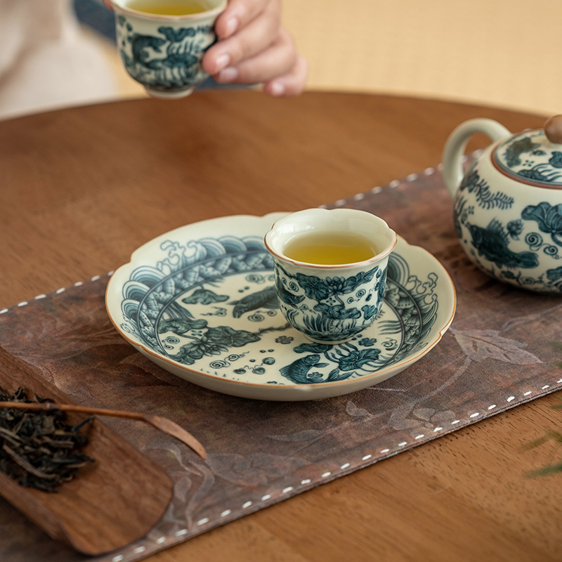 Vas Bej Ru ceramic cu model pește-alge, suport pentru ceainic, farfurie de ceai și platou pentru desert, set ceai Kung Fu în stil retro pentru uz casnic