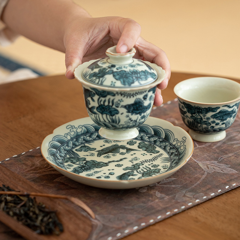 Vas Bej Ru ceramic cu model pește-alge, suport pentru ceainic, farfurie de ceai și platou pentru desert, set ceai Kung Fu în stil retro pentru uz casnic