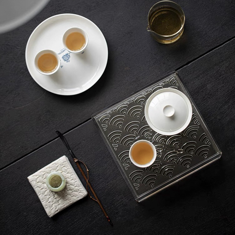Tăviță de ceai acrilică transparentă, mică, cu capac — suport pentru ceainic, accesorii pentru set Gongfu de ceai