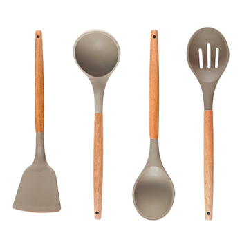 Set de 4 ustensile de bucătărie din silicon, mâner din lemn, spatulă din silicon antiaderentă, lingură și lingură de strecurare