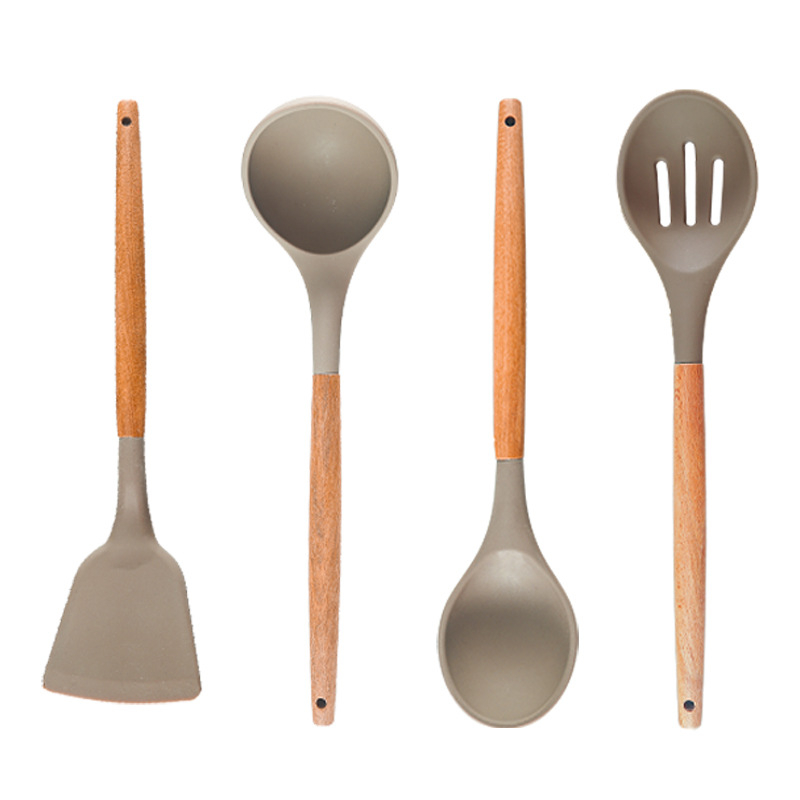 Set de 4 ustensile de bucătărie din silicon, mâner din lemn, spatulă din silicon antiaderentă, lingură și lingură de strecurare