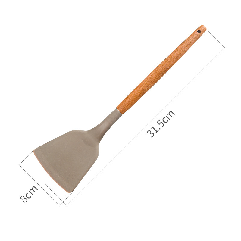 Set de 4 ustensile de bucătărie din silicon, mâner din lemn, spatulă din silicon antiaderentă, lingură și lingură de strecurare