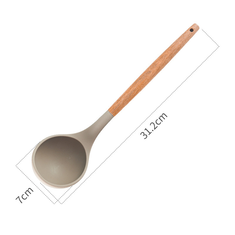 Set de 4 ustensile de bucătărie din silicon, mâner din lemn, spatulă din silicon antiaderentă, lingură și lingură de strecurare