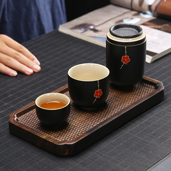 Tavă de ceai din lemn, dreptunghiulară, pentru ceremonia ceaiului, cu suport pentru ceașcă și bază pentru ceainic, accesorii Zen minimalist (25 × 14 × 2 cm)