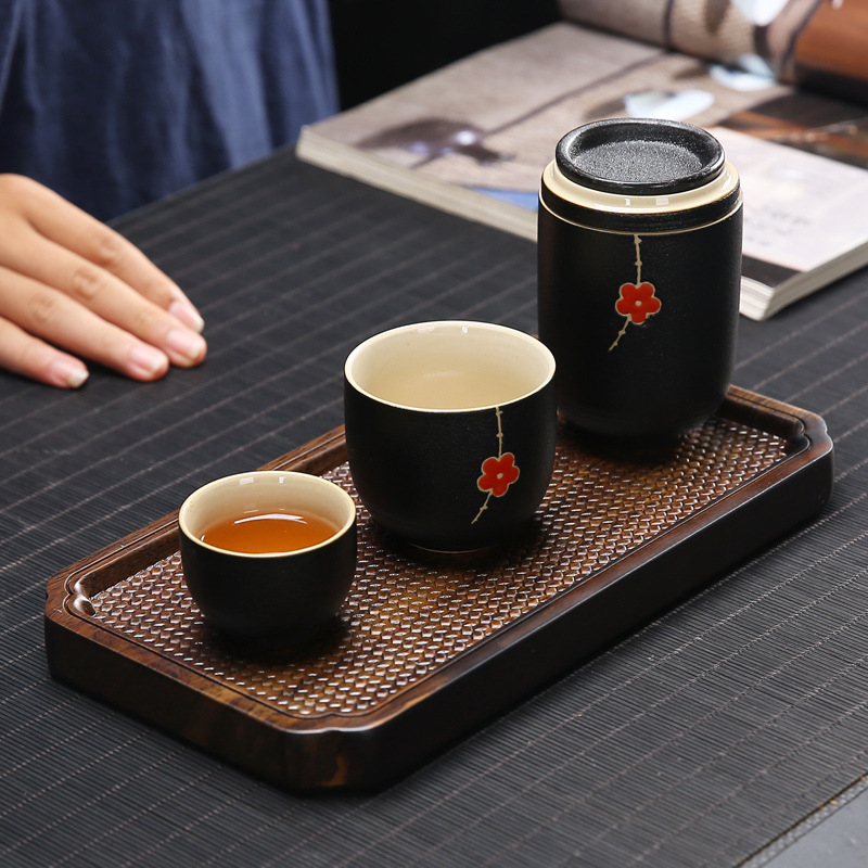 Tavă de ceai din lemn, dreptunghiulară, pentru ceremonia ceaiului, cu suport pentru ceașcă și bază pentru ceainic, accesorii Zen minimalist (25 × 14 × 2 cm)