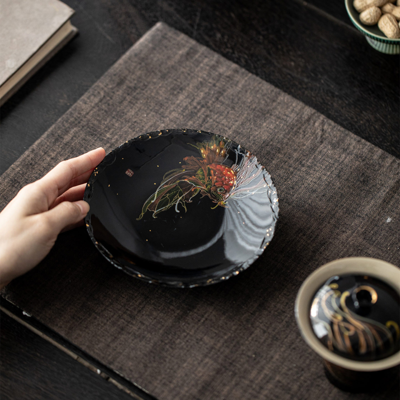 Suport pentru ceainic pictat manual, design pește Xiyao, ceramică vintage, bază rezistentă la căldură, accesoriu pentru ceremonia ceaiului