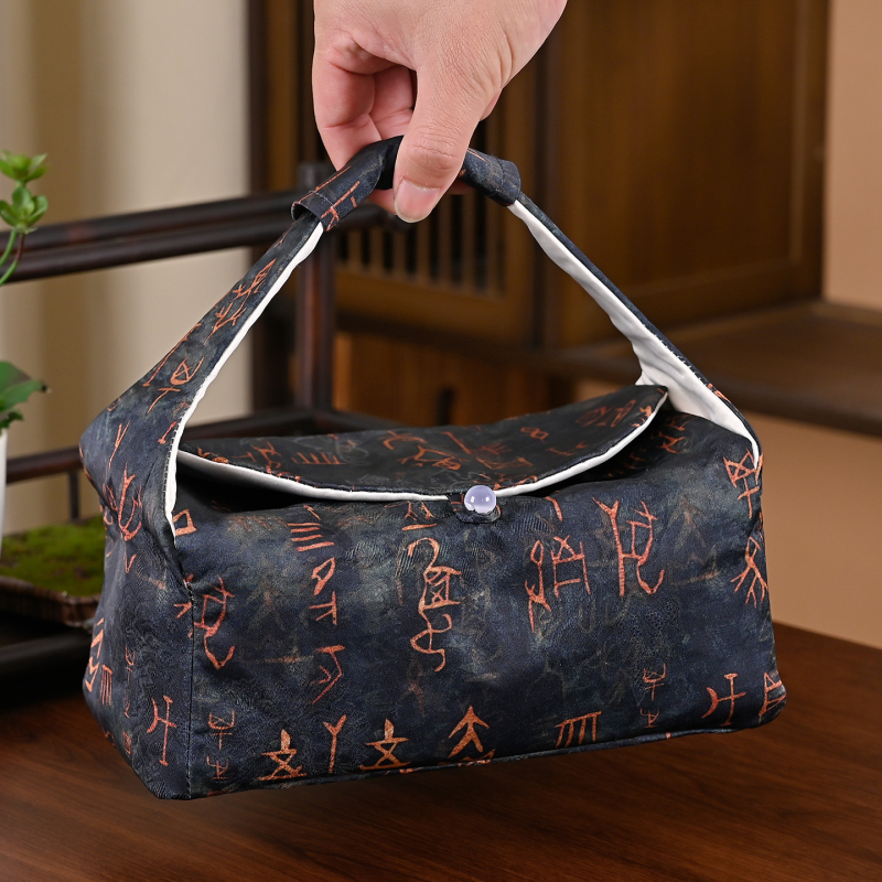Geantă de depozitare pentru set de ceai din brocart satin, pentru exterior, husă protectoare portabilă pentru o oală și două cești, stil chinezesc nou
