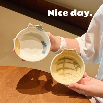 Farfurie ceramic pentru dips în stil japonez, cu pisică în model piatră; bol pentru gustări, bol de orez, farfurie de desert