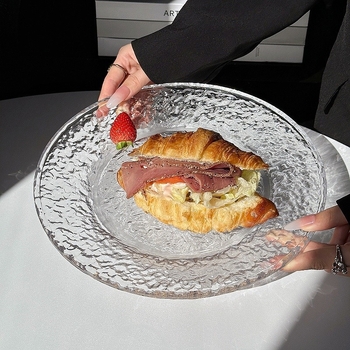 Farfurie de desert din Glacier Glass, rotundă, stil Instagram – farfurie pentru prăjituri și fructe, veselă elegantă pentru casă