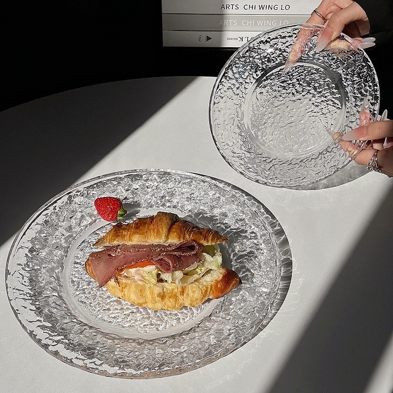 Farfurie de desert din Glacier Glass, rotundă, stil Instagram – farfurie pentru prăjituri și fructe, veselă elegantă pentru casă