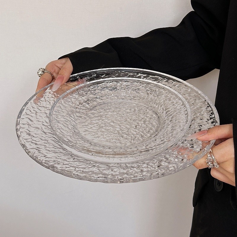 Farfurie de desert din Glacier Glass, rotundă, stil Instagram – farfurie pentru prăjituri și fructe, veselă elegantă pentru casă