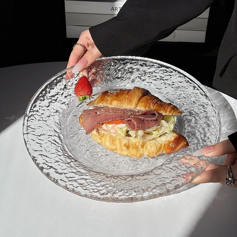Farfurie de desert din Glacier Glass, rotundă, stil Instagram – farfurie pentru prăjituri și fructe, veselă elegantă pentru casă