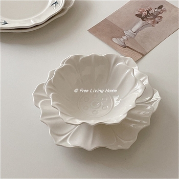 Set ceramic de boluri pentru desert și farfurioare cu model relief vintage, culoare solidă, pentru mic dejun și dim sum
