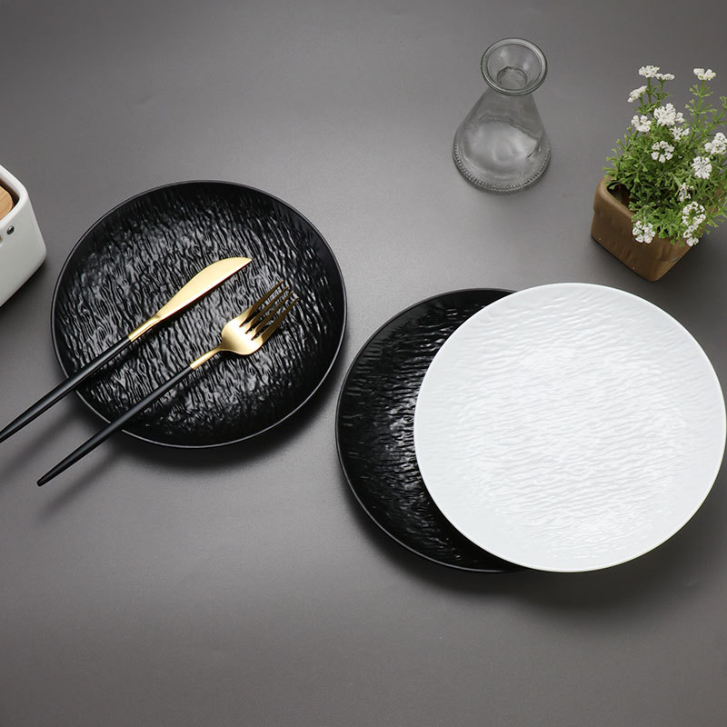 Farfurie plată din plastic pentru cină occidentală, cu model de piatră, finisaj mat, farfurie pentru paste și steak, alb-negru, pentru uz casnic, farfurie pentru oase.
