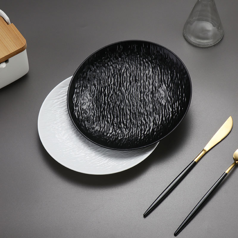 Farfurie plată din plastic pentru cină occidentală, cu model de piatră, finisaj mat, farfurie pentru paste și steak, alb-negru, pentru uz casnic, farfurie pentru oase.