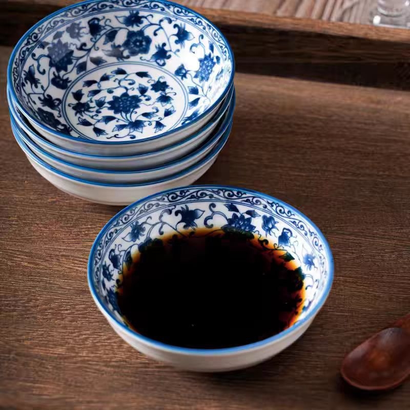 Farfurie ceramică chineză, albastru‑alb, sub glazură, pentru gustări, sos de soia și sos pentru hot pot, mică farfurie pentru dipuri