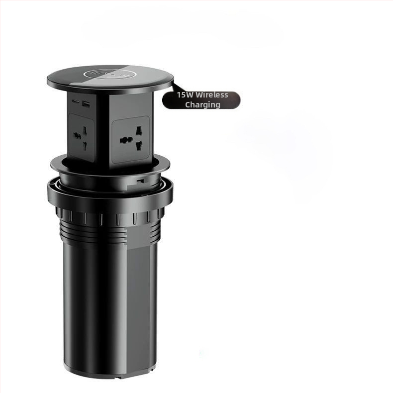 Pneumaticko-hydraulický zdvihový inteligentný zásuvkový systém, zabudovaný do kuchynského ostrovčeka a kancelárskeho nábytku, skrytá bezdrôtová nabíjačka a integrovaný rozvodový panel
