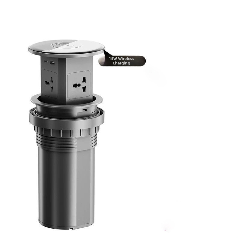 Pneumaticko-hydraulický zdvihový inteligentný zásuvkový systém, zabudovaný do kuchynského ostrovčeka a kancelárskeho nábytku, skrytá bezdrôtová nabíjačka a integrovaný rozvodový panel