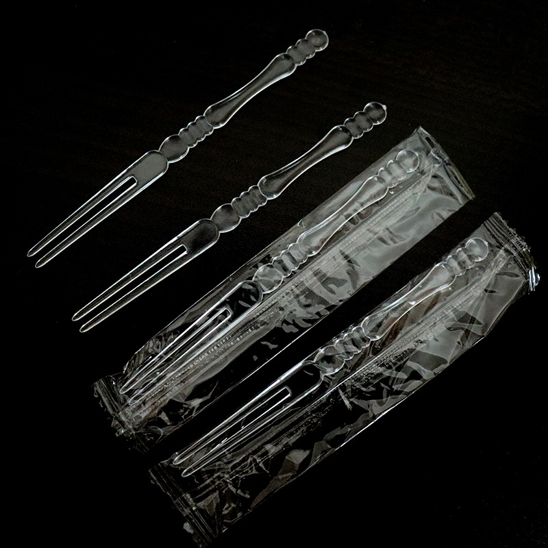 Furculiță de fructe din plastic, ambalată individual, transparentă, mică, pentru uz casnic și comercial