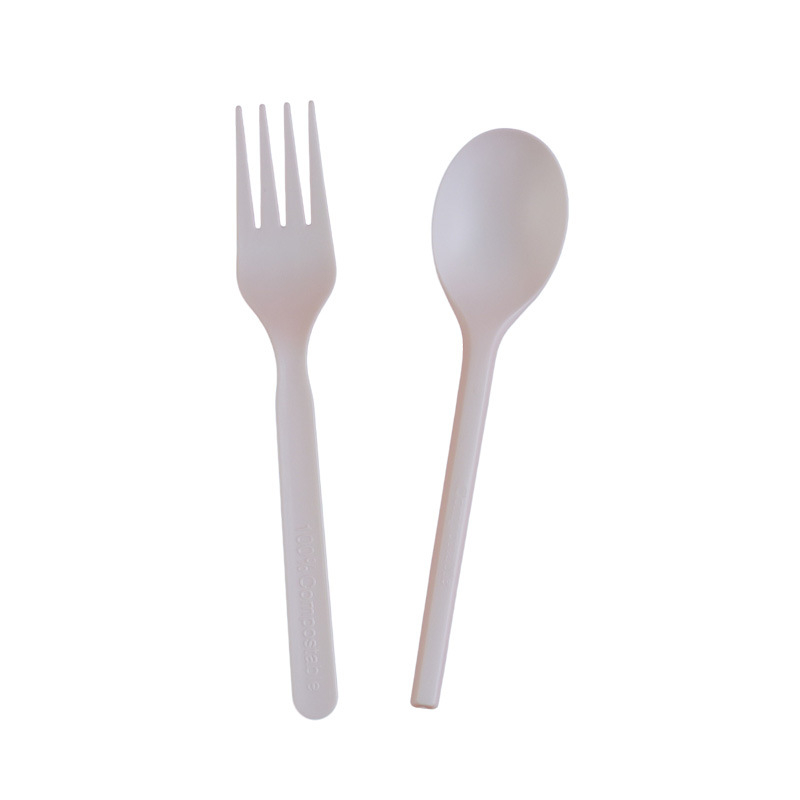 Set PLA 6 inci furculiță și lingură, de unică folosință, biodegradabil, alb, personalizabil