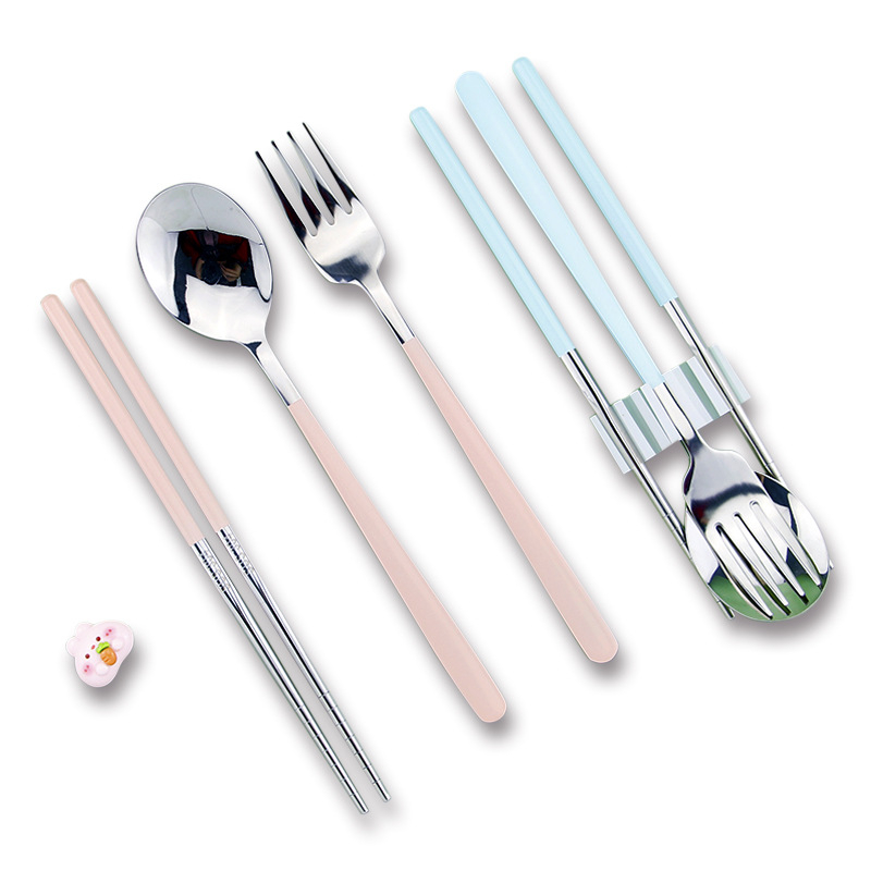 Set portabil simplu de tacâmuri din oțel inoxidabil 304, include lingură, furculiță și bețișoare în cutie de depozitare