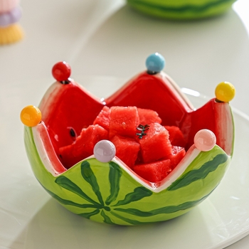 Vas ceramic în formă de pepene pentru fructe și set de furculițe pentru desert din oțel inoxidabil