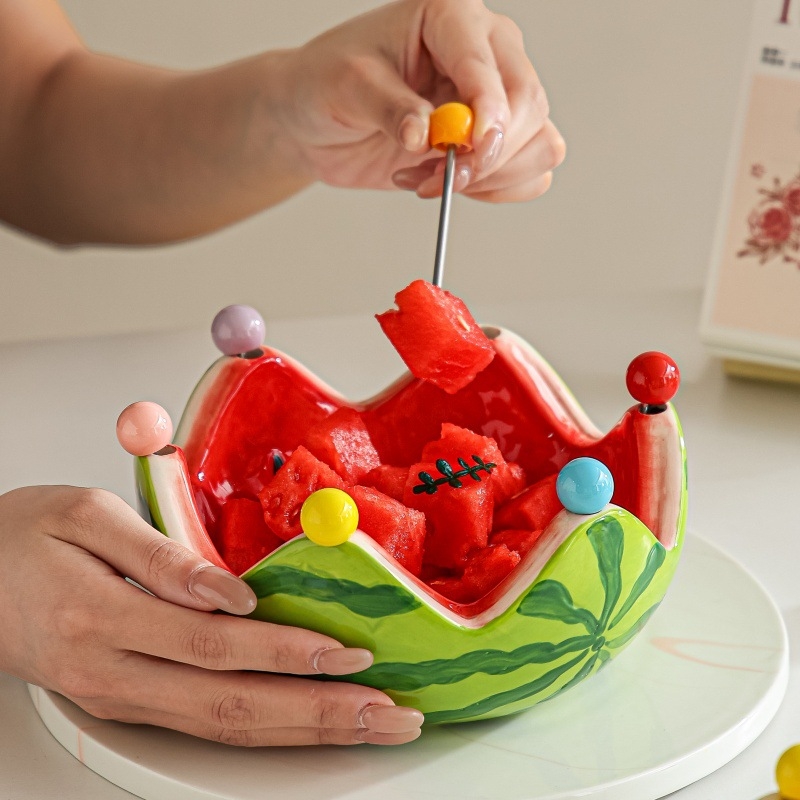 Vas ceramic în formă de pepene pentru fructe și set de furculițe pentru desert din oțel inoxidabil
