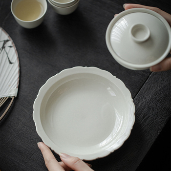 Moji suport de ceai cu glazură din cenușă vegetală, design cu gură de floare, accesorii pentru ceremonia ceaiului, tavă ceramică pentru ceai, utilizare multiplă