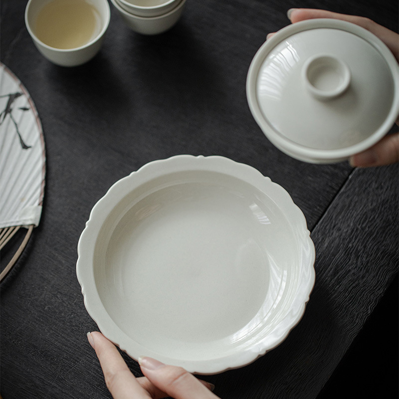 Moji suport de ceai cu glazură din cenușă vegetală, design cu gură de floare, accesorii pentru ceremonia ceaiului, tavă ceramică pentru ceai, utilizare multiplă