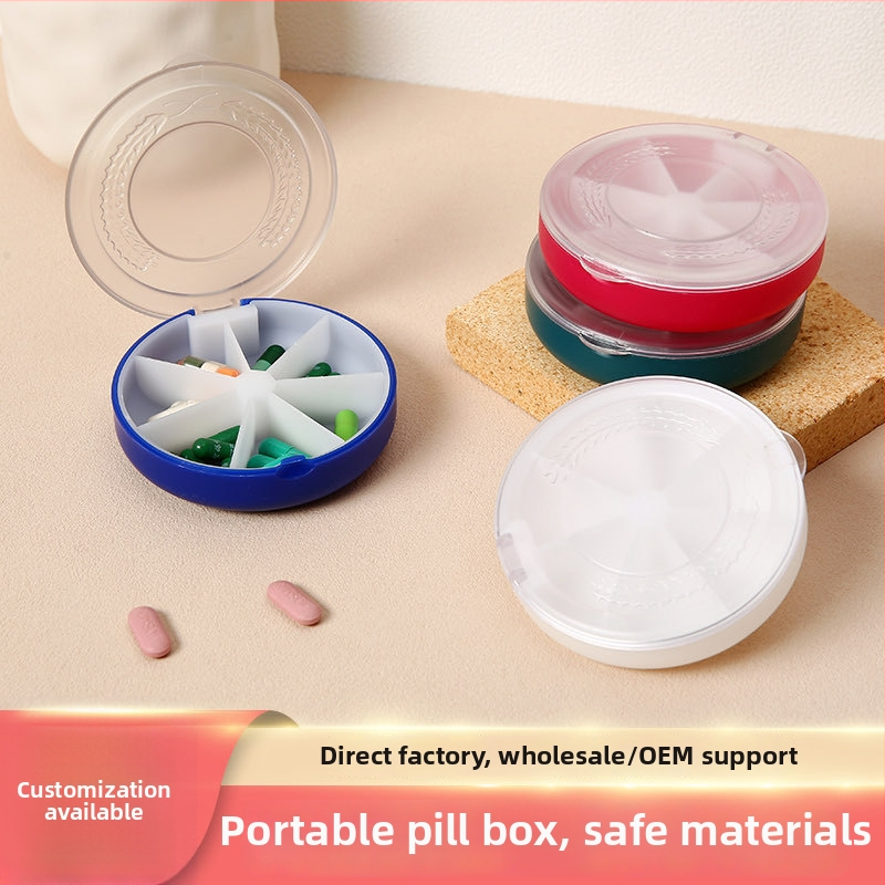 Cutie rotundă portabilă pentru pastile, cu 7 compartimente, capac transparent cu clapetă, rezistentă la umezeală, pentru călătorii