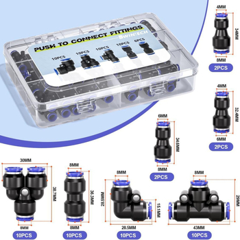 Set de fitinguri pneumatice push-to-connect, 4/6/8 mm, 40 buc., cu 6 conectori reductori