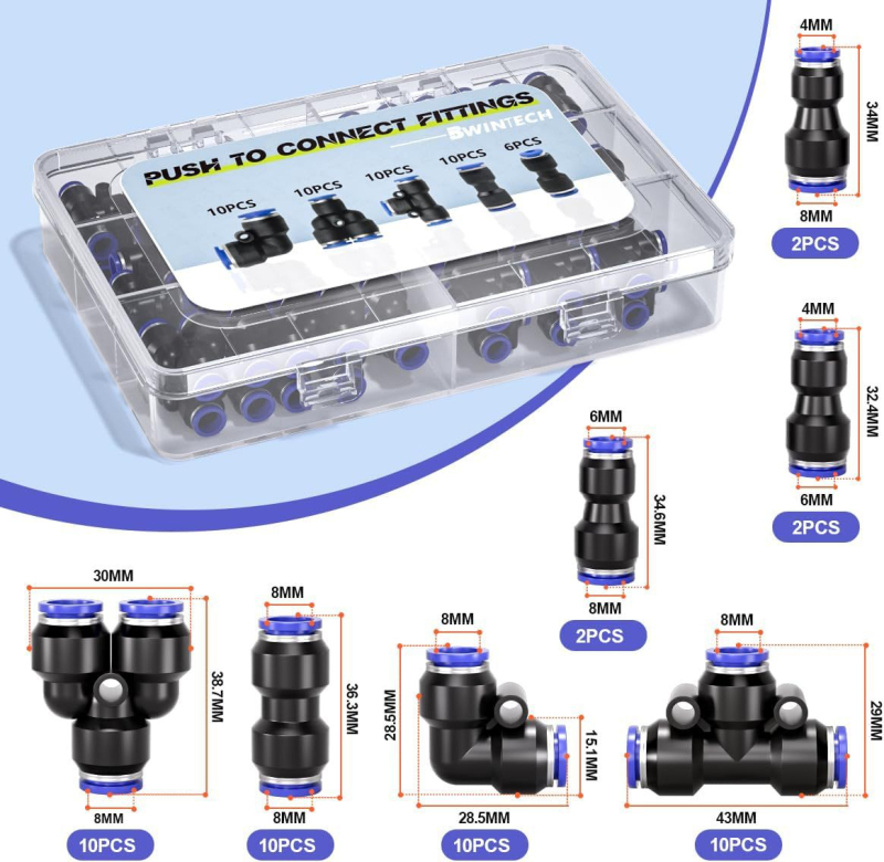 Set de fitinguri pneumatice push-to-connect, 4/6/8 mm, 40 buc., cu 6 conectori reductori