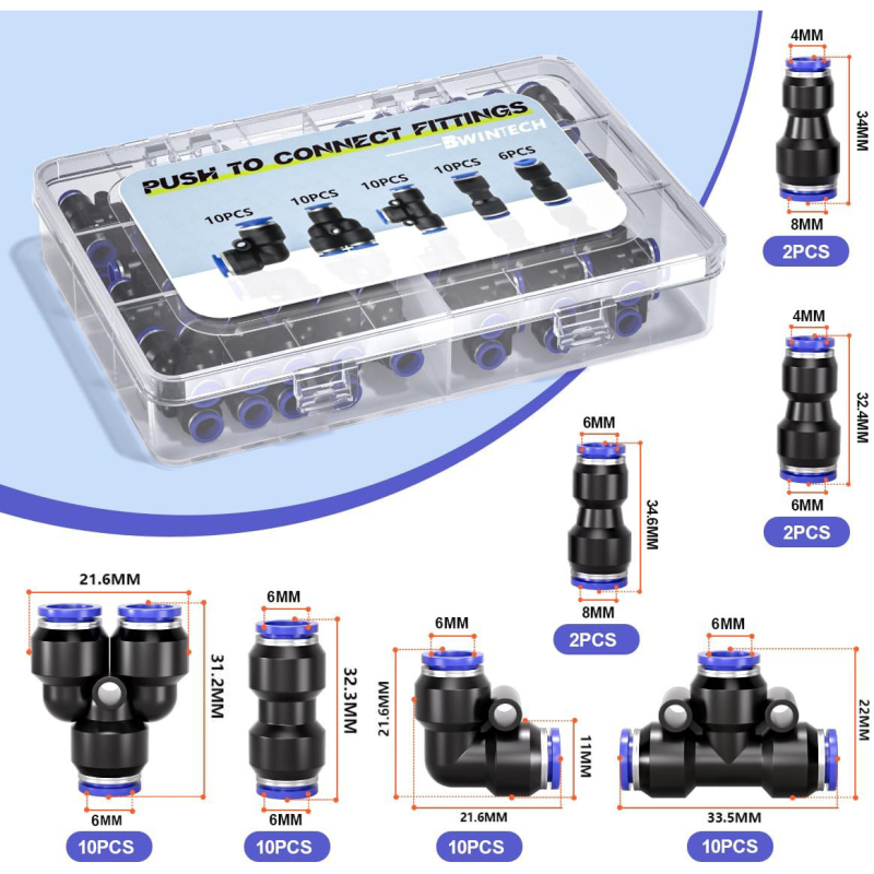 Set de fitinguri pneumatice push-to-connect, 4/6/8 mm, 40 buc., cu 6 conectori reductori