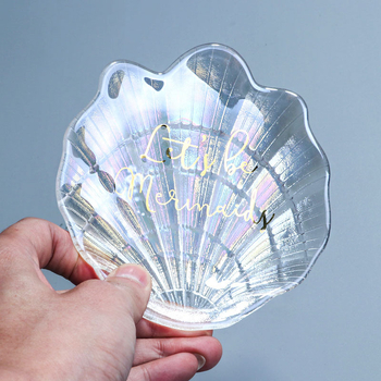 Placă din sticlă colorată cu design scoică și sirenă, fundal pentru manichiură și depozitare bijuterii