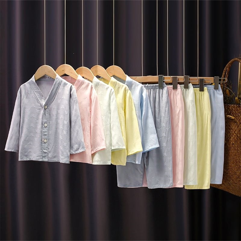 Gyerekeknek készített könnyű jacquard pamut pizsama elöl gombos, hosszú ujjú, fiúknak és lányoknak